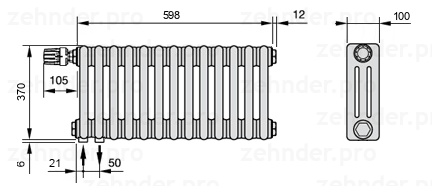 Схема (чертеж) Радиатор Zehnder Charleston 3037/13 №V001 Белый глянцевый RAL 9016